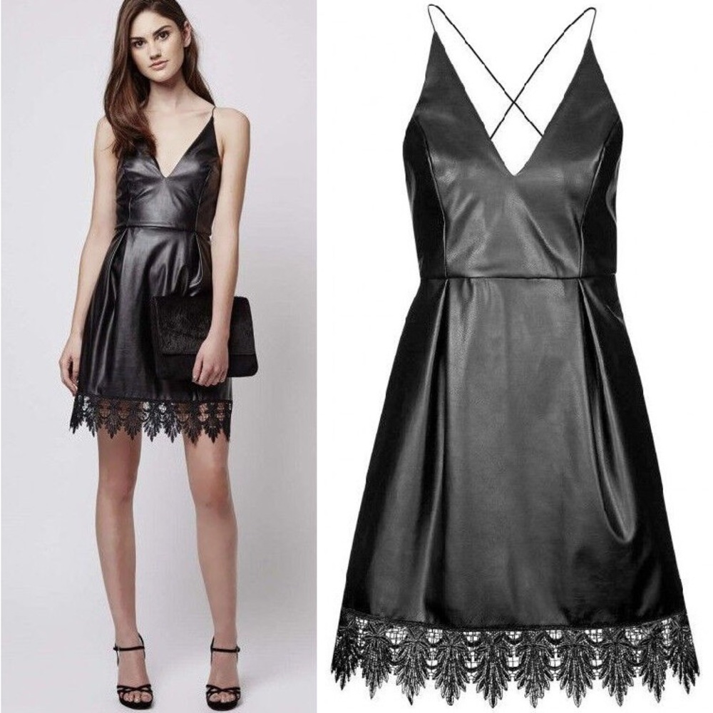 Topshop V-Neck Plunge Faux Vegan Leather Crochet Lace Trim Dress